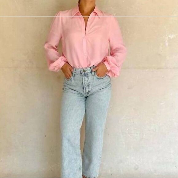 NEW EMERSON FRY frankie blouse button down bishop sleeve peony light pink size L - Picture 6 of 6